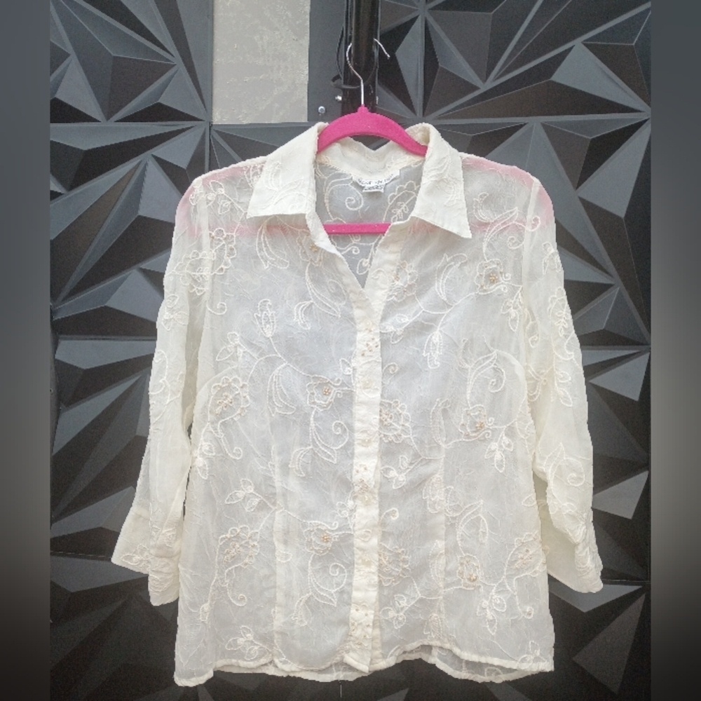 Moonlight Bay Sheer Embroidered Blouse in Ivory - Picture 5 of 7